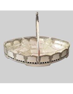 Grand plateau en argent Art Nouveau avec anse et 4 coupelles de service en cristal taillé, plaqué argent