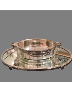 Centre de table français 3 pièces Saglier Frères, jardinière avec insert, sur plateau miroir, plaqué argent