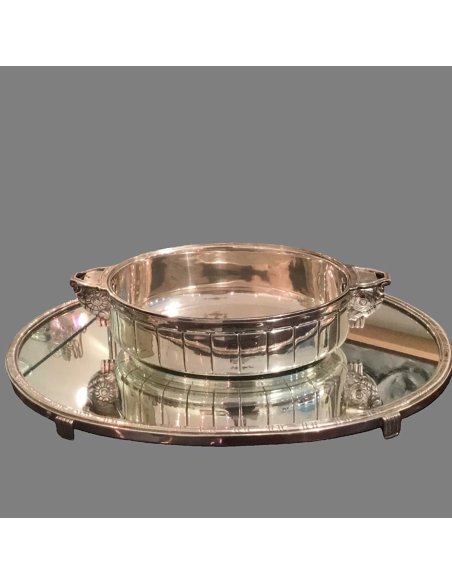 3-piece French centerpiece Saglier Frères, jardiniere with insert, on mirror tray, silver-plated