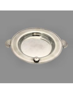 Small silver-plated Art Deco bowl with side handles, children's plate with screw cap for filling with hot water