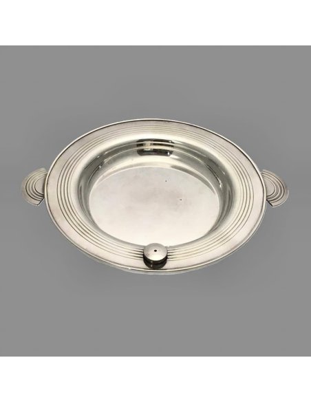 Small silver-plated Art Deco bowl with side handles, children's plate with screw cap for filling with hot water