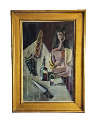 Serge Creuz « Buveuse de Rancio » 1947, représentation cubiste, femme à une table dressée avec du pain, du vin et des raisins.