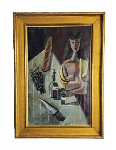 Gemälde Serge Creuz „Buveuse de Rancio“ 1947, kubistische Darstellung, Frau an gedecktem Tisch mit Brot, Wein und Trauben.