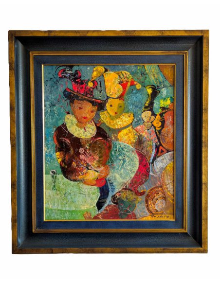 Colorful circus painting with stylized harlequins and clowns in costumes with hats, background in shades of blue