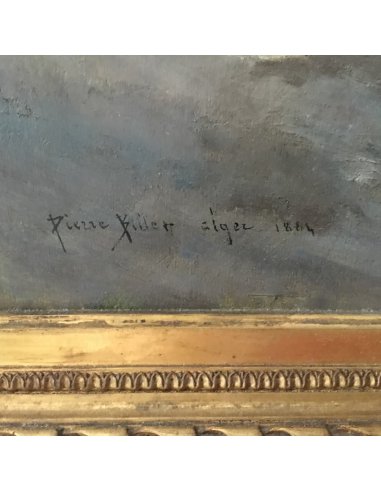 Signature Pierre Billet sur tableau « Alger 1884 » : villa blanche en bord de mer avec homme en burnous, ciel gris-bleu diffus.
