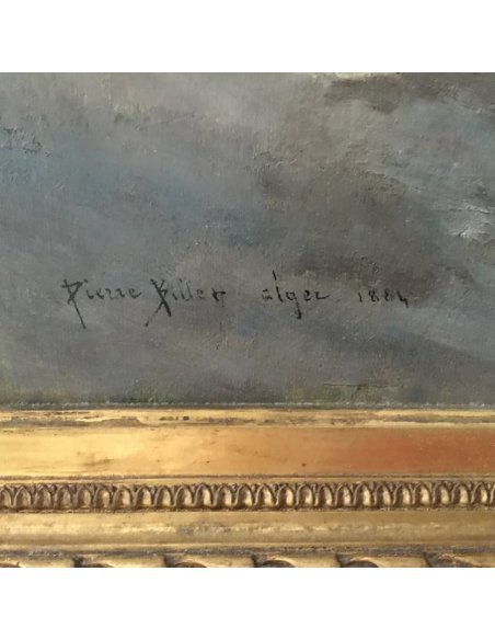 Signatur Pierre Billet auf Ölgemälde „Alger 1884“: weiße Villa am Meer mit Mann in Burnous, diffuser graublauer Himmel.