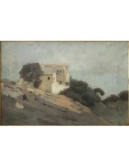 Gemälde „Alger 1884“ Pierre Billet: weiße Villa, Bäume, am Meer, auf Hügel Mann in Burnous, diffuser graublauer Himmel.