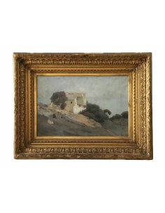 Gemälde „Alger 1884“ Pierre Billet: weiße Villa, Bäume, am Meer, auf Hügel Mann in Burnous, diffuser graublauer Himmel. 2