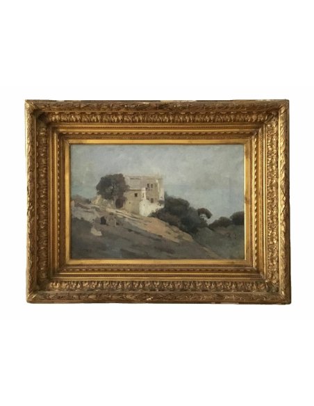 Gemälde „Alger 1884“ Pierre Billet: weiße Villa, Bäume, am Meer, auf Hügel Mann in Burnous, diffuser graublauer Himmel.