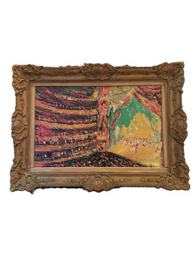 Farbenfrohes Gemälde "Opéra" von Paul Hagemans, volles Opernhaus mit Bühne und Publikum auf mehreren Rängen, 1933.“