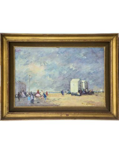 Gemälde Maurice de Meyer, lebendige Szene am Strand von Trouville