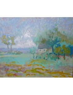 Peinture de Michel Sauval: petite maison de campagne, ciel bleu pâle au milieu de champs et d'arbres aux couleurs pastel