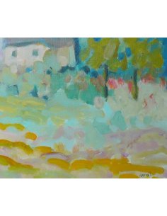 Peinture de Michel Sauval: petite maison de campagne, ciel bleu pâle au milieu de champs et d'arbres aux couleurs pastel 2