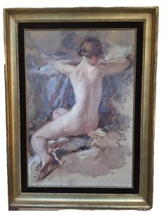 Impressionniste, peinture nue Cluysenaar, femme assise de dos, jambes pliées, penchée, lisant 2