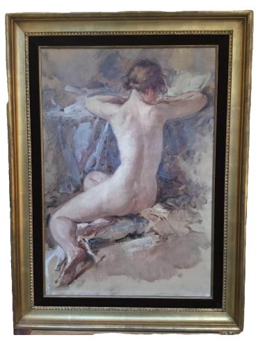 Impressionniste, peinture nue Cluysenaar, femme assise de dos, jambes pliées, penchée, lisant