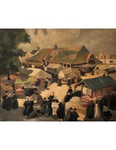 Jour de marché en Bretagne, tableau de Frits Vertongen, personnages en tenue traditionnelle, étals de marché, couleurs douces