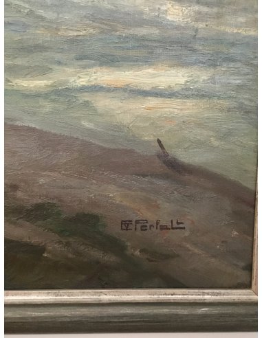 Signature d'Erich von Perfall sur son tableau paysage hivernal sur l'Erft, rive et arbres nus, huile sur toile, 80×100cm