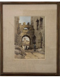 Aquarelle d'Isidore Van Mens : Scène de rue à Trujillo, Espagne, porte de la ville médiévale avec des gens, église en arrière 2