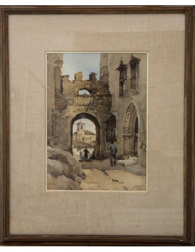 Watercolor by Isidore Van Mens: Street scene in Trujillo, Spain, medieval city gate with people, church in the background