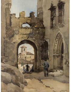 Aquarelle d'Isidore Van Mens : Scène de rue à Trujillo, Espagne, porte de la ville médiévale avec des gens, église en arrière