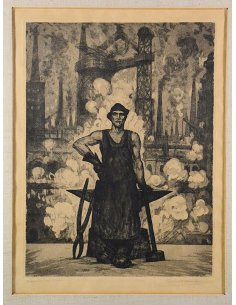 Pierre Paulus Radierung 1932: Industriearbeiter mit Hammer vor rauchenden Fabriken in Hainaut, Belgien.