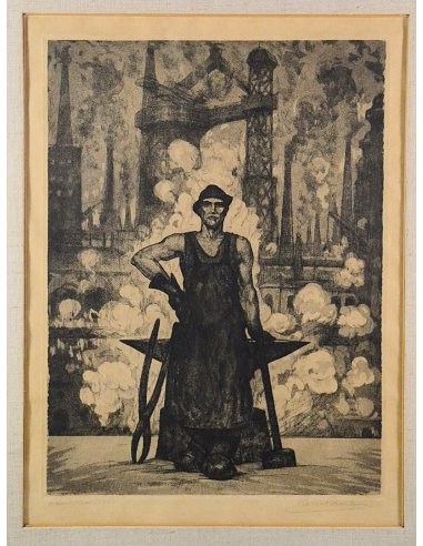 Pierre Paulus Radierung 1932: Industriearbeiter mit Hammer vor rauchenden Fabriken in Hainaut, Belgien.