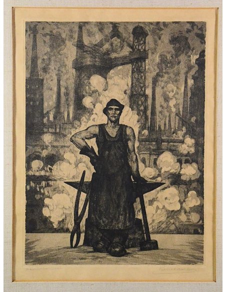 Pierre Paulus Radierung 1932: Industriearbeiter mit Hammer vor rauchenden Fabriken in Hainaut, Belgien.