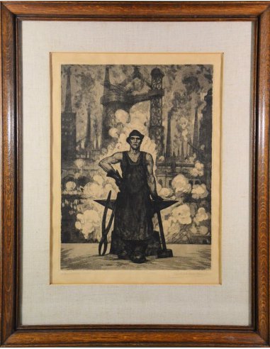 Pierre Paulus Radierung, 1932: Industriearbeiter mit Hammer vor rauchenden Fabriken im belgischen Hainaut.