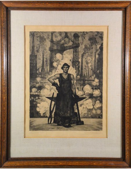 Pierre Paulus Radierung, 1932: Industriearbeiter mit Hammer vor rauchenden Fabriken im belgischen Hainaut.