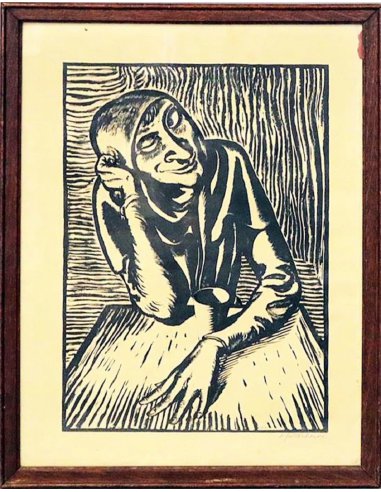 Holzschnitt Andreas Paul Weber: Tyll am Tisch, Narr mit Kappe und schelmischem Lächeln, dramatisch in Schwarz-Weiß Kontrast