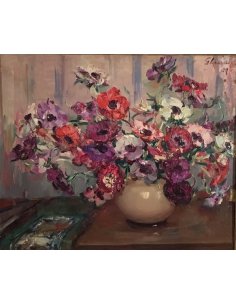 Blumen-Stillleben mit Anemonen in Vase auf Tisch des belgischen Malers Hubert Glansdorff aus dem Jahre 1939
