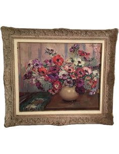 Blumen-Stillleben mit Anemonen in Vase auf Tisch des belgischen Malers Hubert Glansdorff aus dem Jahre 1939 2