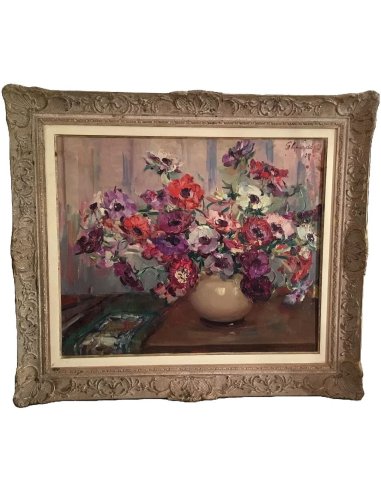 Blumen-Stillleben mit Anemonen in Vase auf Tisch des belgischen Malers Hubert Glansdorff aus dem Jahre 1939