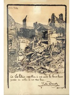 Ex-libris de Jules Darest, 1914, commémorant la destruction d'Ypres lors de la Première Guerre mondiale.