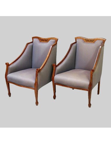 Seating group of a two-seater sofa and two armchairs made of walnut with thread inlays, fully upholstered, purple-blue cover.