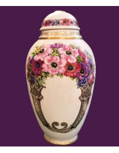 Deckelvase mit Anemonen Malerei auf beigem Grund, Lorenz Hutschenreuther Porzellan, Abteilung für Kunst, 1920er Jahre
