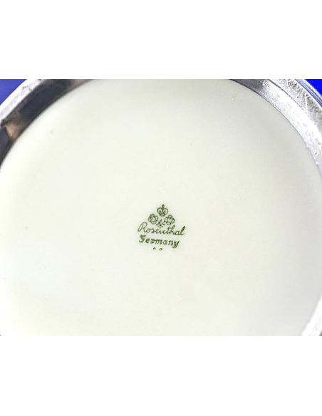 Grüne Porzellanmarke auf Bonbonniere aus den 1950er, Rosenthal Germany mit Krone, zwei Rosen und zwei Punkten
