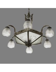 8-flammige deckenleuchte beleuchtet, montur aus silberbronze, 6 Arme mit Glaskelchen, mittig aufgelegte scheiben, floral geätzt 2