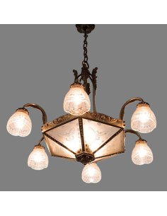 8-light ceiling light illuminated, silver bronze frame, 6 arms with glass goblets, centrally placed discs, florally etched