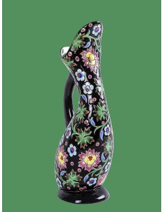 Faïencerie Emaux de Longwy, Frankreich, Krug mit bunt floralem Dekor auf schwarzem Grund, Cloisonné-Stil