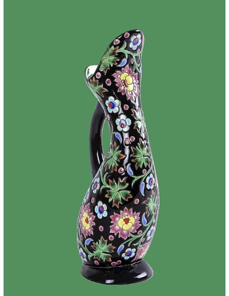 Faïencerie Emaux de Longwy, France, jug with colorful floral decoration on a black background, cloisonné style