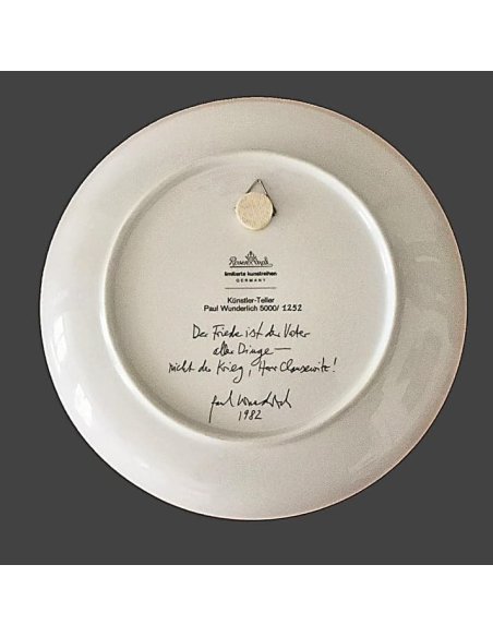 Assiette d'artiste Rosenthal Paul Wunderlich, « La paix est le père de toutes choses – pas la guerre, Monsieur Clausewitz ! »