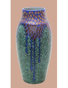 Vase Art Déco en céramique de Revernay avec craquelures marbrées vertes, gouttes bleu cobalt et motif en nid d'abeille.