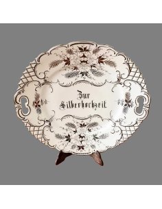 Schlesischer Porzellan-Andenkenteller zur Silberhochzeit um 1900, florale Silberstaffage auf weißem Fond