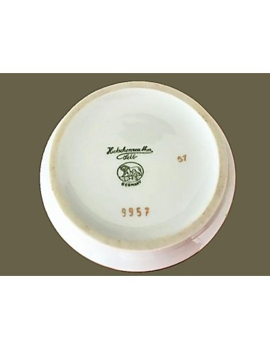 grüne Marke Lorenz Hutschenreuther Selb Germany mit Nr. 9957 – 57 auf Vase mit Golddekor & Pfau, rubinroter Grund, 1970er