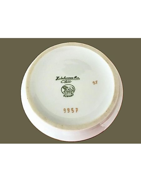 Marque verte Lorenz Hutschenreuther Selb Allemagne avec n° 9957-57 sur vase à décor doré & paon, fond rouge, années 1970