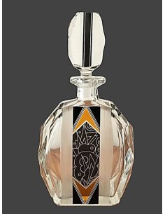 Carafe à liqueur de Bohême en cristal taillé avec peinture à la soudure noire en blanc, jaune et noir d'époque Art Déco.