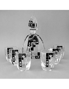 Service à liqueur en cristal taillé à peinture noire, carafe à six verres, Bohême, années 1920