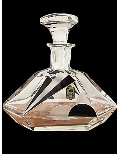 Carafe made of Bohemian crystal, Karel Palda glassworks with geometric decoration and black solder glaze.