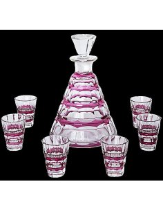 Service à liqueur en cristal Val Saint Lambert, série Muscadet Rosé, carafe avec 6 verres à facettes, conçu par Graffart en 1957